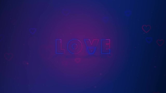 Love is in the air. Little hearts are on dark background with sparks. Conceptual backgroud. Close up. Lettering is drifting away. Action. Animation. 3D. 4K.