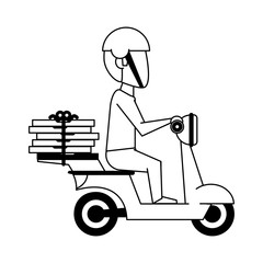 Courier driving scooter with pizzas in black and white