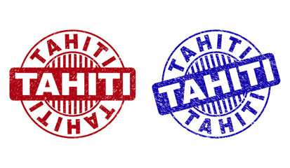 Grunge TAHITI round stamp seals isolated on a white background. Round seals with grunge texture in red and blue colors. Vector rubber imitation of TAHITI text inside circle form with stripes.