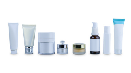 collection of various beauty cosmetic hygiene containers plastic bottle with body moisturising isolated on white background