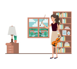 woman with violin in living room character