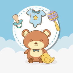 baby shower card with bear teddy and accessories