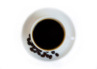 Coffee cup and beans Top view isolated on a white background