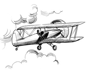 Retro biplane. Ink black and white drawing