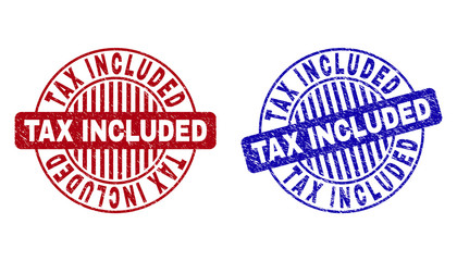 Grunge TAX INCLUDED round stamp seals isolated on a white background. Round seals with distress texture in red and blue colors.