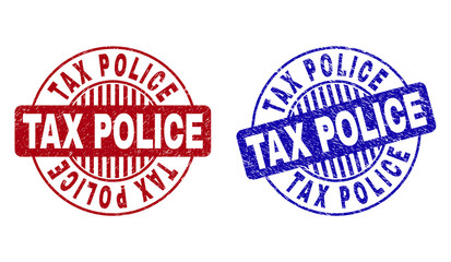 Grunge TAX POLICE round stamp seals isolated on a white background. Round seals with grunge texture in red and blue colors. Vector rubber imprint of TAX POLICE title inside circle form with stripes.