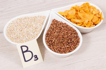 Nutritious products containing vitamin B3 and other natural minerals, healthy nutrition concept