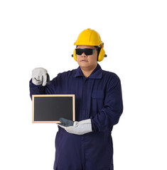 Full body portrait of a worker in Mechanic Jumpsuit isolated on white background