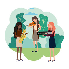 women with musical instruments in landscape