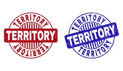 Grunge TERRITORY round stamp seals isolated on a white background. Round seals with grunge texture in red and blue colors. Vector rubber imprint of TERRITORY tag inside circle form with stripes.