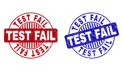 Grunge TEST FAIL round stamp seals isolated on a white background. Round seals with grunge texture in red and blue colors. Vector rubber overlay of TEST FAIL tag inside circle form with stripes.