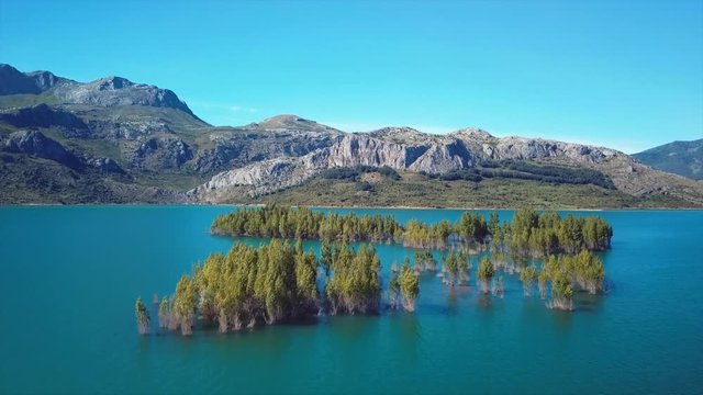 Beautiful landscape with  trees under the water in the Ria&ntilde;o reservoir. Le&oacute;n (Spain).