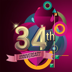 34th Anniversary, Party poster, banner and invitation - background geometric glowing element. Vector Illustration