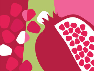 Abstract fruit design in flat cut out style. Pomegranate and seeds. Vector illustration.