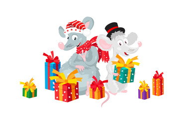 Two funny rats surrounded by gift boxes.