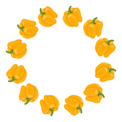 Yellow Bell Pepper Wreath. Fresh Vegetables isolated on white background. Circle Frame from Pepper for Market, Recipe Design. Cartoon Flat Style. Vector illustration for Your Design, Web.