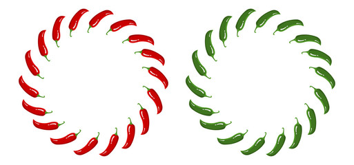 Red and Green Chilli Pepper Wreath. Fresh Vegetables isolated on white background. Circle Frame from Pepper for Market, Recipe Design. Cartoon Flat Style. Vector illustration for Your Design, Web.