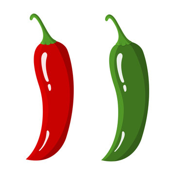 Red and Green Chilli Peppers isolated on white background. Fresh Food Spice for Market, Recipe. Cartoon Flat Style. Vector illustration for Your Design, Web.