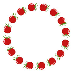 Wreath from Tomatoes with Space for Text. Fresh Red Tomato Vegetable isolated on white background. For Market, Recipe Design. Organic Food. Cartoon Style. Vector illustration for Your Design, Web.