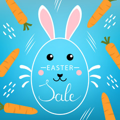Easter Discount with Lettering Inscription on blue background. Cute Bunny, Carrots and Abstract Shapes. For Easter Banner, Poster, Flyer, Brochure. Vector illustration for Your Design, Web.