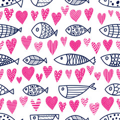 Lovers of fish. Cute vector line seamless pattern.