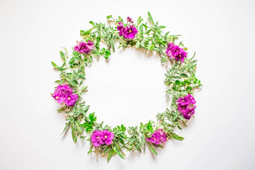 A wreath of violets on a white background. Round frame of purple flowers and fresh grass. Summer flowers.  Flat lay, top view.
