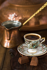 Turkish coffee on wooden table