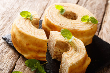 German for tree cake, Baumkuchen is sometimes also known as pyramid cake, or spit cake close-up....