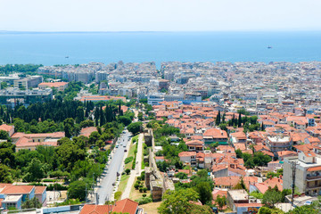 Panoramic view to city of Thessaloniki and mediterranean sea from old byzantine city wall, Greece