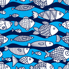 Linear decorative fish on a mint background and waves. Seamless pattern can be used for wallpaper, pattern fills, web page background, surface textures.