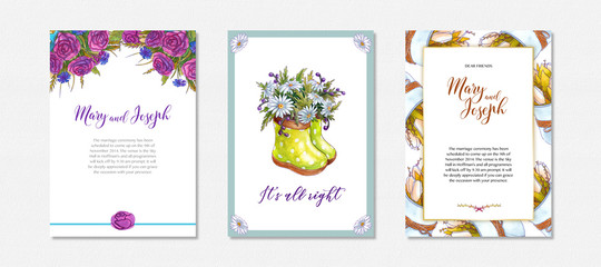 Fototapeta premium Set of floral wedding invitation templates, postcards, greeting cards, poster, invite. Flower collection. Decorative greeting card or invitation design background.