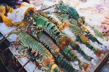Fresh lobsters on ice for sale at restaurant. Selective focus on the dark lobster.