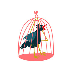 Raven in Birdcage, Magic Object, Witchcraft Attribute Vector Illustration