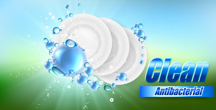 Realistic Dish On Beautiful Colored Background And Soap Bubbles, Dish Wash Illustration , Template For Design.