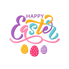 Happy Easter text. Vector illustration isolated on white background. Hand drawn text for Easter card.