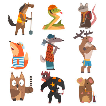 Animals of Different Professions Set, Horse, Snake, Rat, Fox, Wolf, Deer, Owl, Bull, Mouse Humanized Animals Cartoon Characters Vector Illustration
