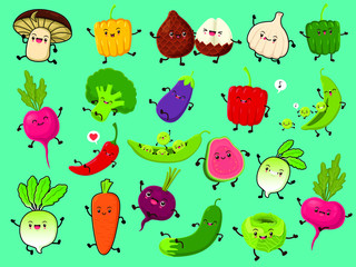 Vintage vegetable & fruit poster design set with vector mushroom, pepper, snake fruit, onion, radish, broccoli, egg plant, chili, pea, beetroot, carrot, cucumber, cabbage, apple guava characters.