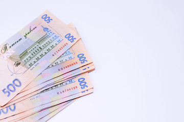 ukrainian money. five hundred hryvnias UAH isolated on white background. close-up photo. copy space