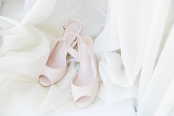 wedding shoes on white background. pastel shoes with heels. celebration . wedding card