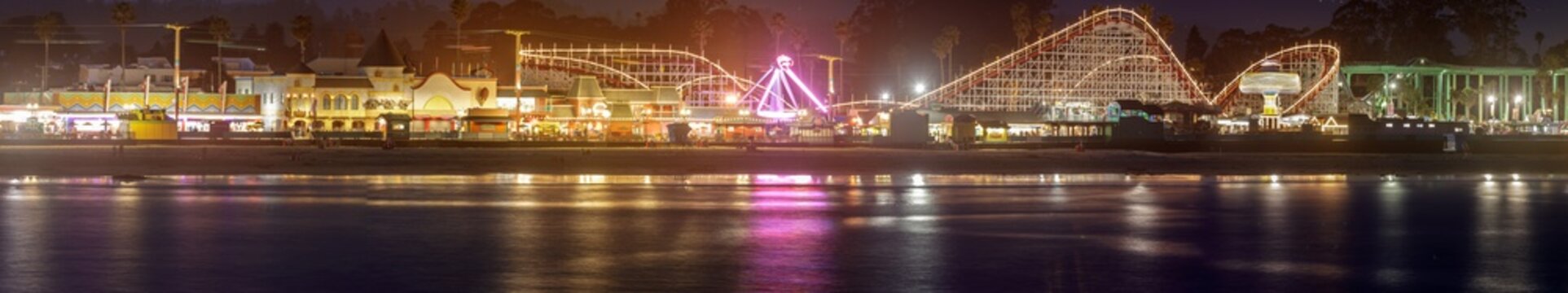 Santa Cruz Beach Boardwalk Amusement Park At Night. Santa Cruz, California, USA.