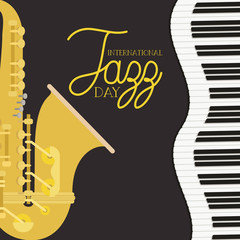 jazz day poster with piano keyboard and saxophone