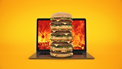 hamburger with laptop. 3d rendering
