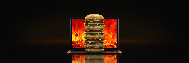 hamburger with laptop. 3d rendering