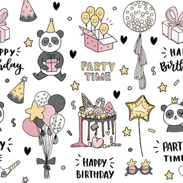 Seamless vector happy birthday  pattern with cake, foil balloon, panda and smile face balloon and lettering 