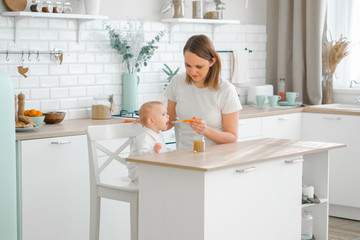 mom feeds the baby