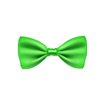 Green bow tie from satin material. Elegant clothes accessory isolated on white background. Realistic formal wear for official event. Saint Patricks day decor from silk vector illustration.