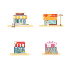 Obraz premium Business store front set flat design vector illustration.Market building set .Design modern store set on street