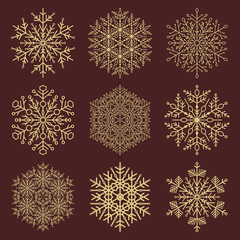 Set of vector snowflakes. Golden winter ornaments. Snowflakes collection. Snowflakes for backgrounds and designs