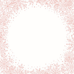 Winter vector pink frame with arabesques and snowflakes. Fine greeting card. Pattern with snowflakes