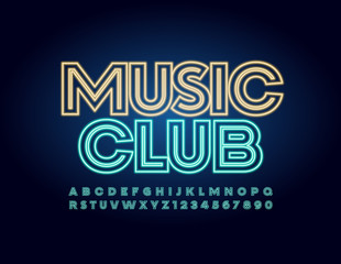 Vector neon Sign Music Club. Glowing light Alphabet Letters, Numbers and Symbols. Bright blue Font